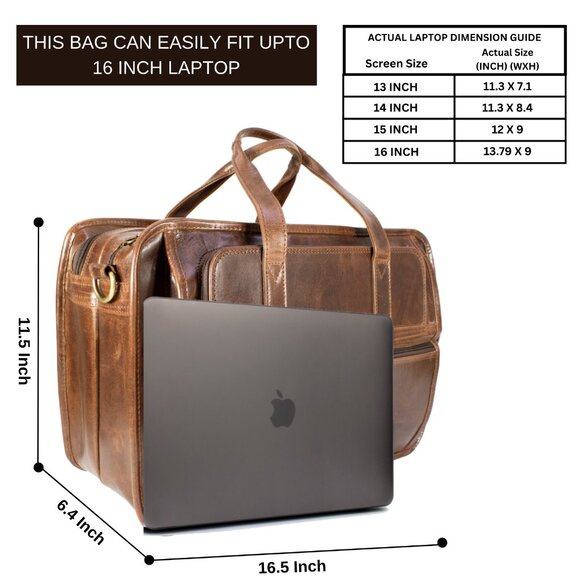 Genuine Leather Laptop Bag, Satchel Bag, Brown - Picture 3 of 16